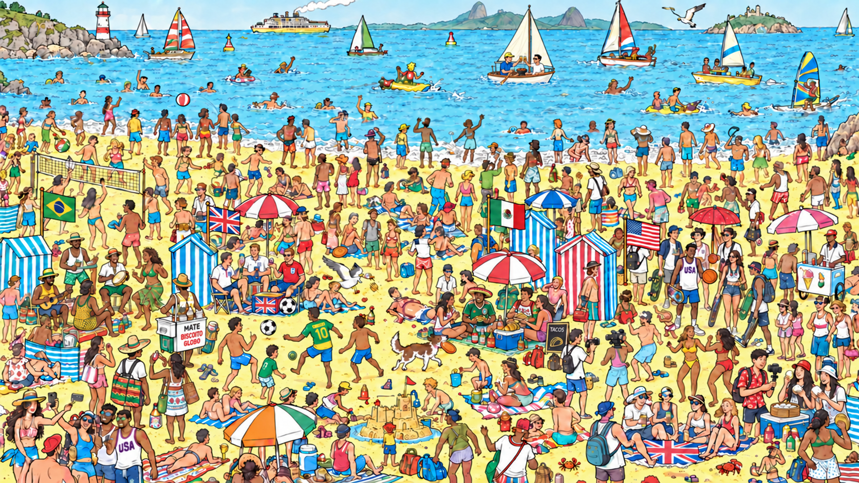 A crowded international beach with two LOI friends toasting and having a barbecue on a sailboat
